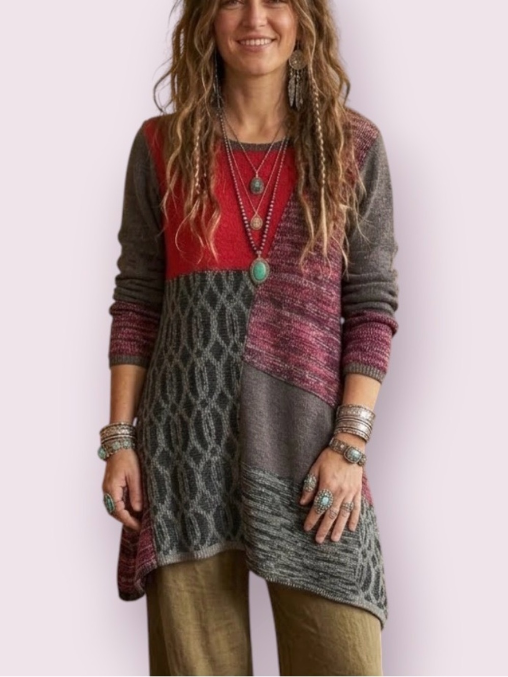 Style & Co. Boho Patchwork Sweater Tunic Dress Gray Red Size XL